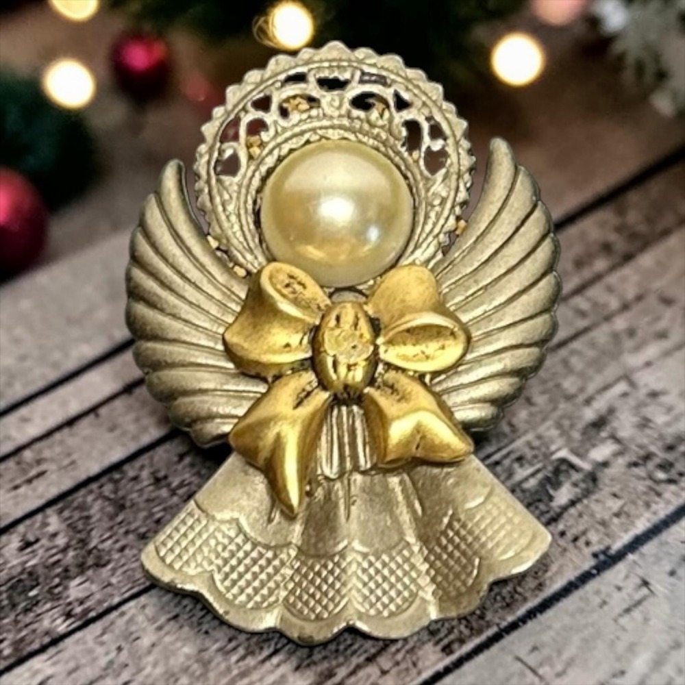 Vintage Jac Win Design Angel Brooch Faux Pearl Gold Silver Tone Pin